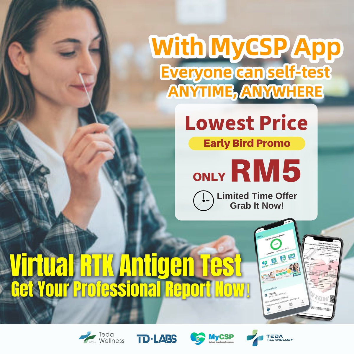 teda_wellness's tweet photo. Our early bird promotion is now live🔥! Let's download the #MyCSP app to enjoy the special deal😎! Don't pass it up!

✅ RTK virtual screening with MyCSP app
✅ Test result validated by KKM approved panel clinics
✅ 24 hours to get your test report

Travel more, worry less! ✈️ https://t.co/T5uLLlDx8r