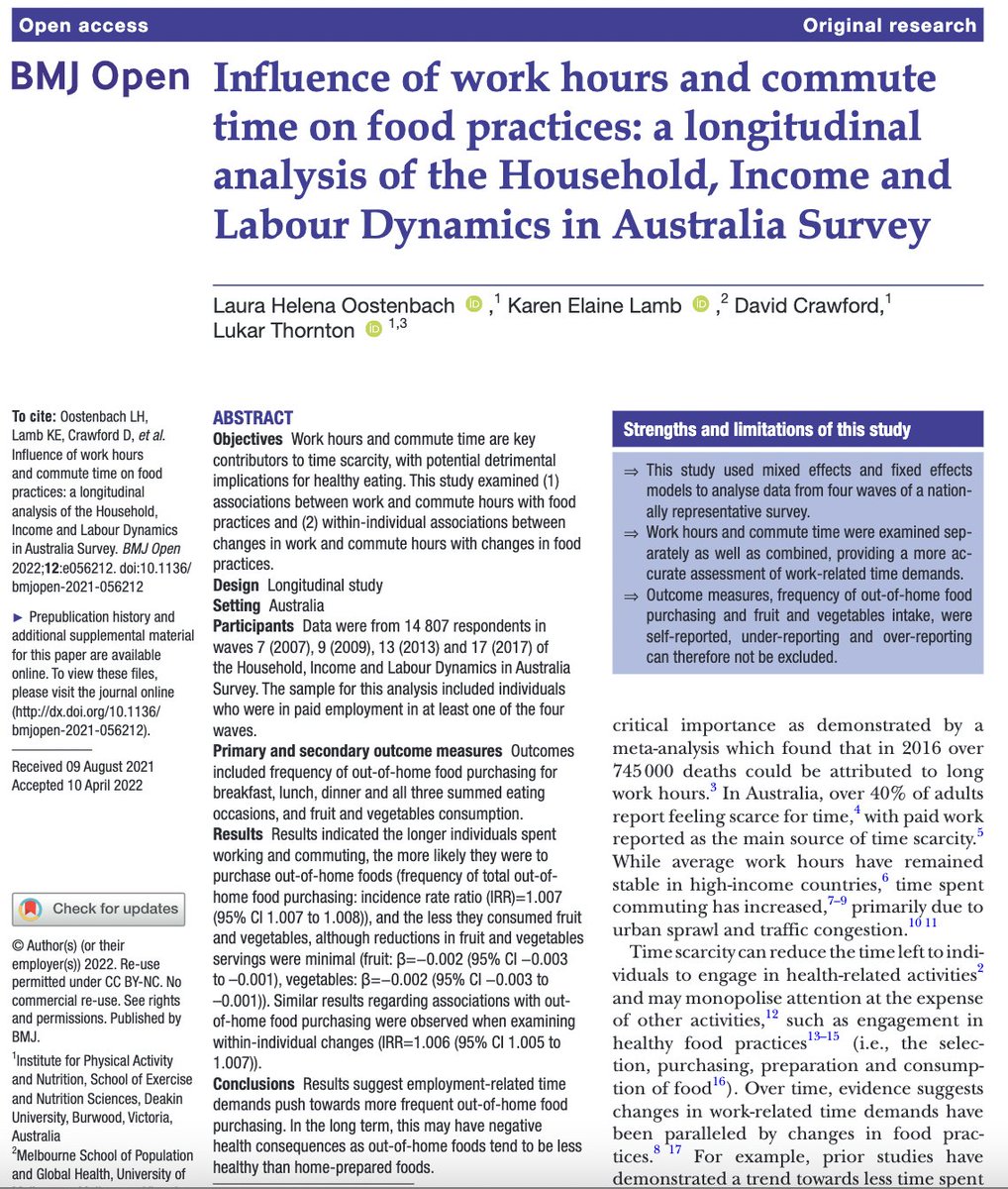 📢The first paper of my PhD is out. 
Influence of work hours and commute time on food practices ⏱🍔🍎
➡️ bit.ly/BMJ_Open1205

Thank you @lukar_t @drklamb &amp; David!