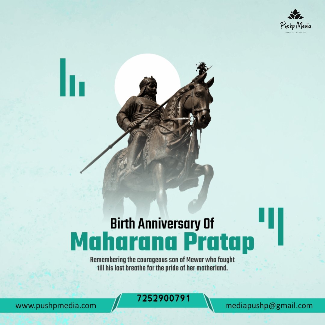 Pushp_Media's tweet photo. Remembering The Warrior King Of Mewar #MaharanaPratap Ji On His 482nd Birth Anniversary
 #MaharanaPratapJayanti 
#MaharanaPratapJayanti2022 
#PushpMedia #advertising #DigitalMarketingServices #digitalmarketingagency #DigitalIndia #GraphicDesigner #Banners https://t.co/uIv1CyTWJn