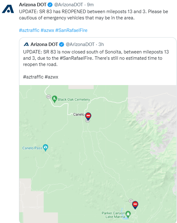 CCFirenIncident's tweet photo. ~2007: #ADOT advises-#UPDATE: #SR83 has #REOPENED between mileposts 13 and 3. Please be cautious of emergency vehicles that may be in the area. #SanRafaelFire https://t.co/BvwrFyeSxi