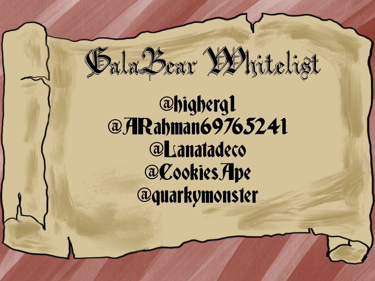 GalabearNFT's tweet photo. Hello winners! happy to announce winners for the WL!

@higherg1 
@ARahman69765241 
@Lanatadeco 
@CookiesApe 
@quarkymonster 

drop your wallet address👇 https://t.co/9z4deUPvdD