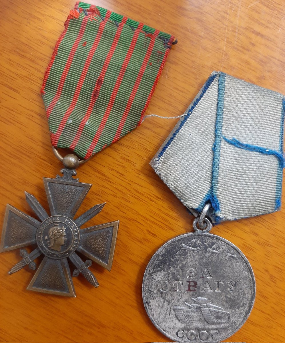 My family usually keeps at hand those 2 precious medals : "сroix de guerre"  of my great grand dad (DOW) and "За Отвагу" of my wife's injured Soviet grand father #9мая2022 #Peace #Vday #EuropeDay2022