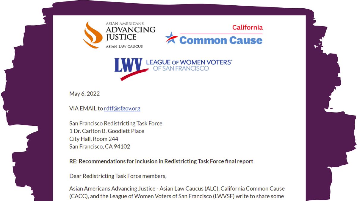 LWVSF's tweet photo. In a letter to the @RedistrictSF Task Force, @LWVSF, @aaaj_alc, & @CommonCauseCA share recommendations to help San Francisco's future redistricting bodies to be fair, equitable, transparent, & accessible https://t.co/6cRkJYbQSj… #FairMapsSF
--
alt text https://t.co/xkS9mznG9r