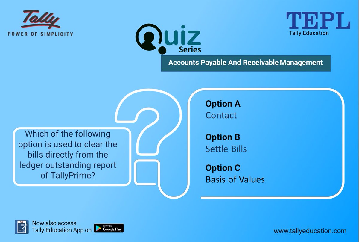 talllyeducation's tweet photo. Once again it's time to test your knowledge. Drop your answer in the comment section below. Join #TallyDigiLearn for more interesting updates - https://t.co/xEGnBFwcmj .
Click here for #AccountsPayableAndReceivableManagement- https://t.co/iuVLBP8ddG https://t.co/Apgsc8s4lE
