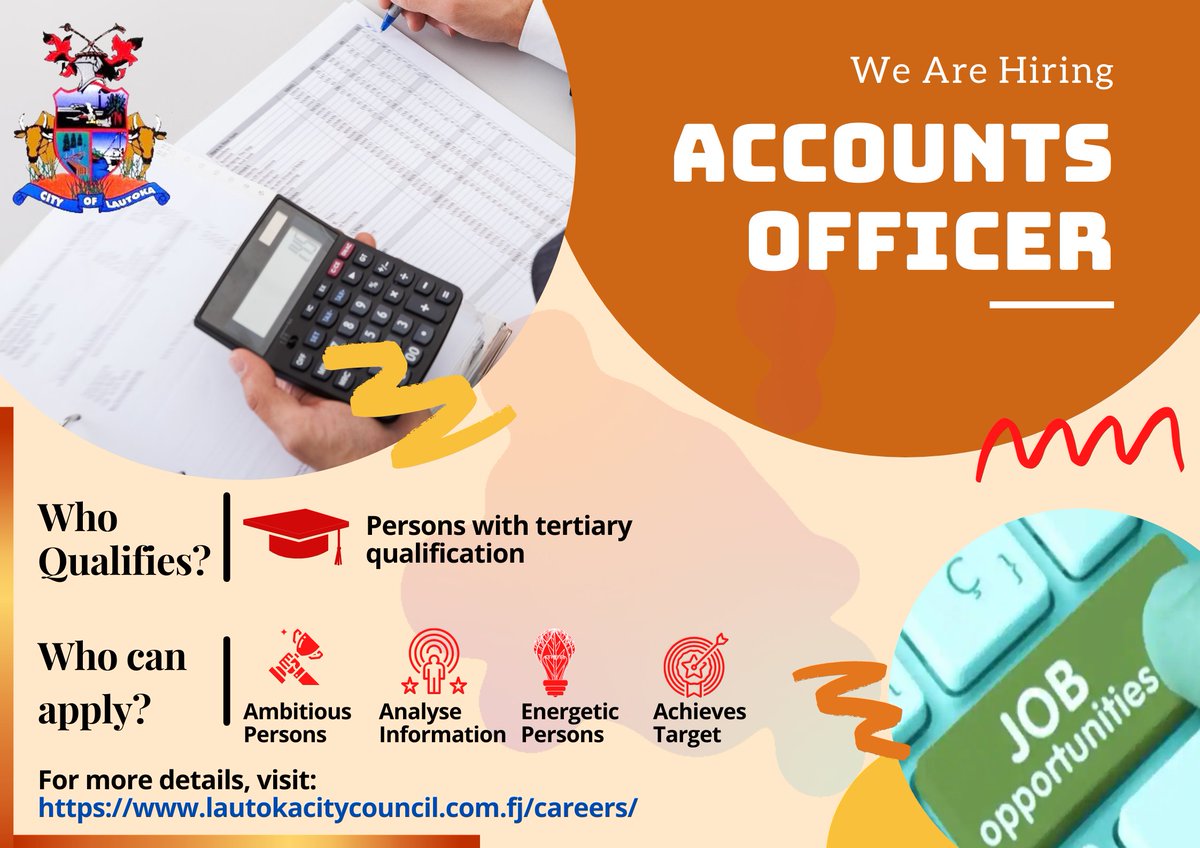 Ltkcitycouncil's tweet photo. The Lautoka City Council invites applications from suitably qualified candidates for the Accounts Officer position.
Detailed Job Description can be downloaded from the Careers Page of Council website: https://t.co/k1Fvwl59eb https://t.co/b8WG0VC0Tv