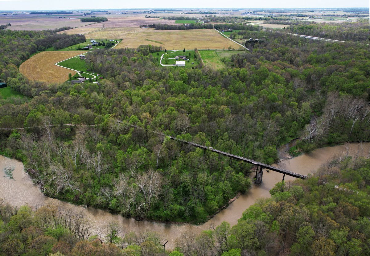 Aerial of the Monon High Bridge and Trail running over Deer Creek in Delphi, Indiana.