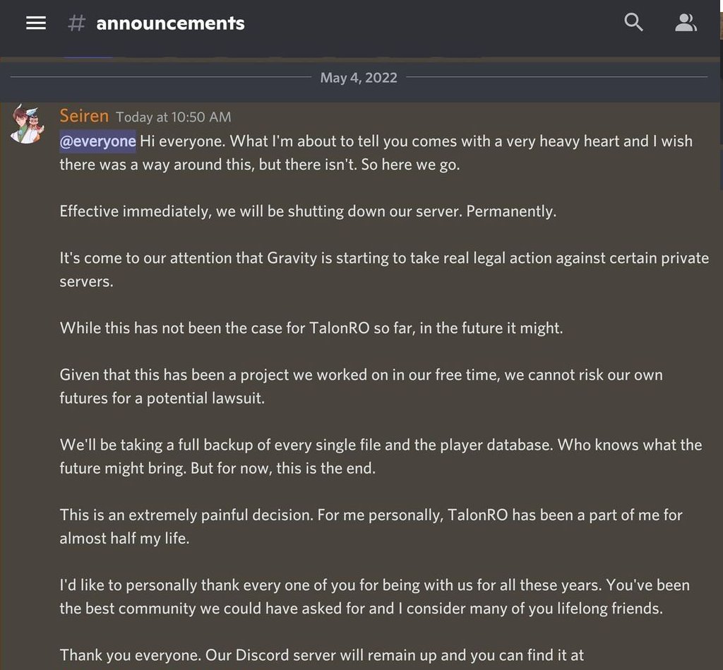 Dscry's tweet photo. A fwen texted me today telling me about this 🥺 I didn't log in to discord for a few weeks and this is what I miss? So sad... But, thanks for all the memories. Of course I will also feat scawy GM Boreas' last speech. These are some old ss but miss those times.
#TalonRO https://t.co/dPCcBVepMz