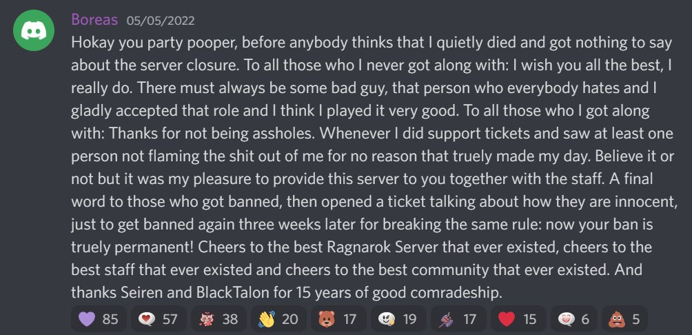 Dscry's tweet photo. A fwen texted me today telling me about this 🥺 I didn't log in to discord for a few weeks and this is what I miss? So sad... But, thanks for all the memories. Of course I will also feat scawy GM Boreas' last speech. These are some old ss but miss those times.
#TalonRO https://t.co/dPCcBVepMz