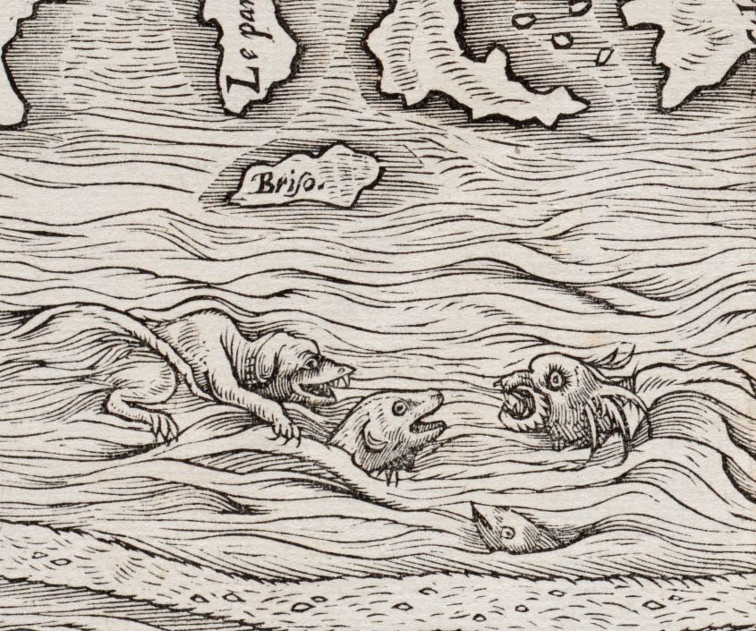 bplmaps's tweet photo. #MapMonsterMonday or the Sunday scaries? These 4 spooky #MapMonsters appear along the coast of today’s Narragansett Bay on this ~1565 map of northeastern North America. https://t.co/zMxKoqWVAX https://t.co/Vq90sytct6