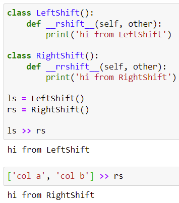 radekosmulski's tweet photo. Hey friends 👋 

So I came across this Python feature that is both beautiful and scary 😄

The __rshift__ and __rrshift__ dunder methods... combined!

Interesting, isn't it? 🙂 Here is how it works https://t.co/XrIqaP4zze