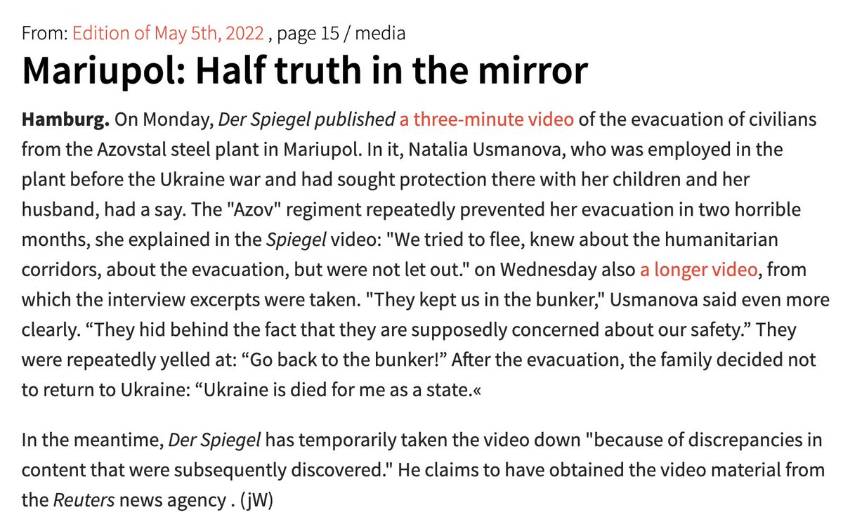 MaxBlumenthal's tweet photo. Western media has an unspoken ban on footage of the many Mariupol evacuees who said they were used as human shields, shot at or abused by the Azov Battalion 

Germany's @derspiegel removed one such video interview "because of discrepancies in content" https://t.co/tjTHeqOcbO https://t.co/9L99sGFMg0