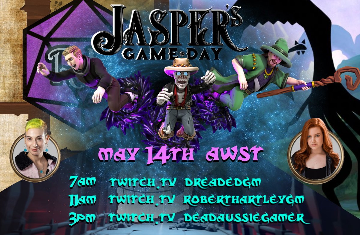 deadaussiegamer's tweet photo. DRD CROSSOVER EVENT!
On May 14th @RobertHartleyGM @deadaussiegamer and @DreadedGM are colliding worlds in this massive 12 hour marathon. Join the guys, Elly @roletocast  and AJ @winterstalesco battle against a multiverse level threat! 

Featuring
@lukegygax 
@HowToGM https://t.co/Nc0yWeqkKc