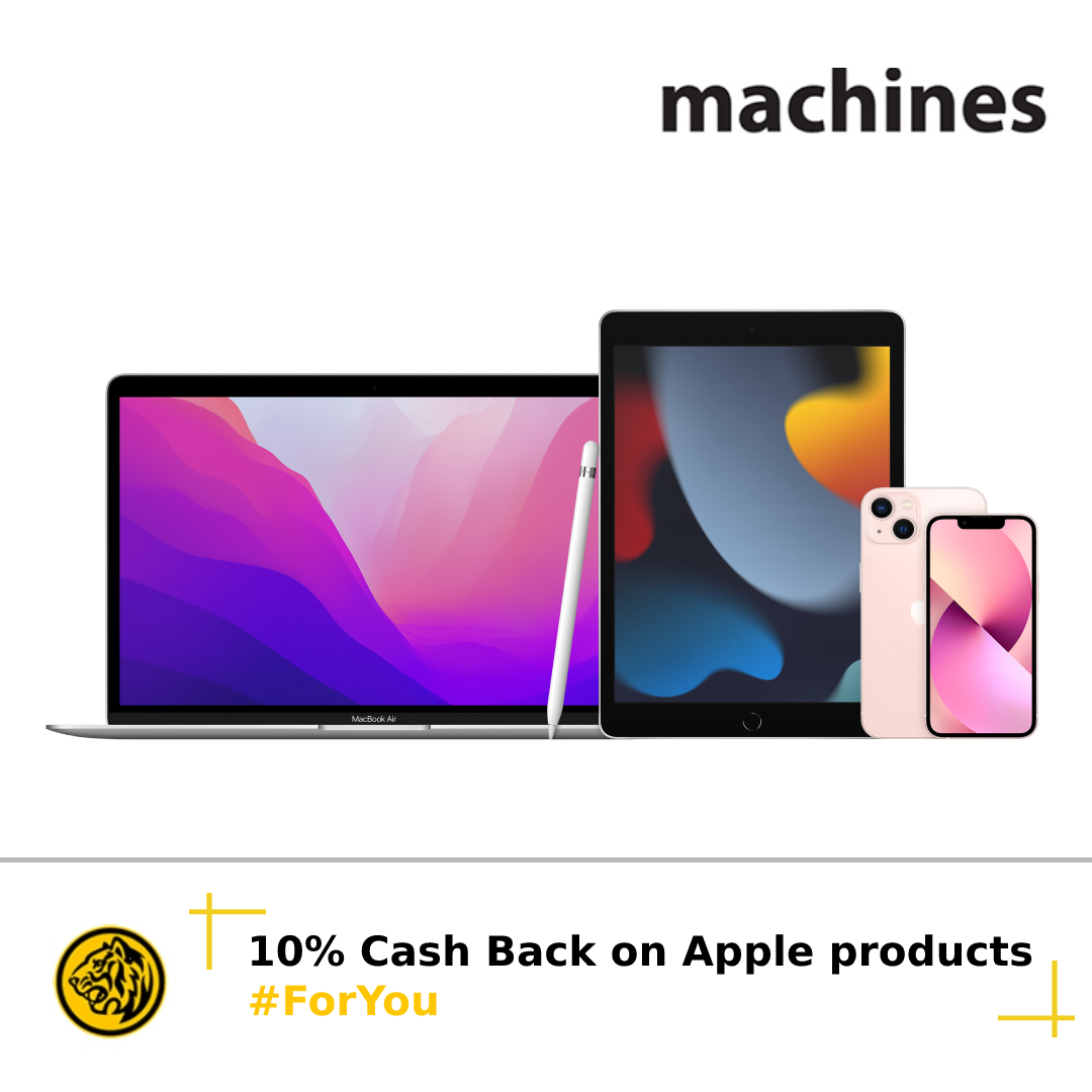 MyMaybank's tweet photo. Reward yourself & your loved ones with the latest Apple products & get 10% Cash Back, just #ForYou! Applicable to first 10 purchases at Machines online store on 10 May 2022 with a Maybank Manchester United Credit Card! T&C apply. Info: https://t.co/53hZsjMG5K #MU10 #MaybankCards https://t.co/PYkhcnGDc0