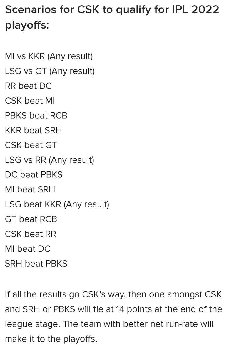 pansinas's tweet photo. If #CSK𓃬 need to qualify they need to win all their remaining matches. And the results of other teams should go as below. @CSKFansOfficial @ChennaiIPL @msdhoni @SPFleming7 @mhussey393 #cskplayoffs https://t.co/ZxXzGbxeCb