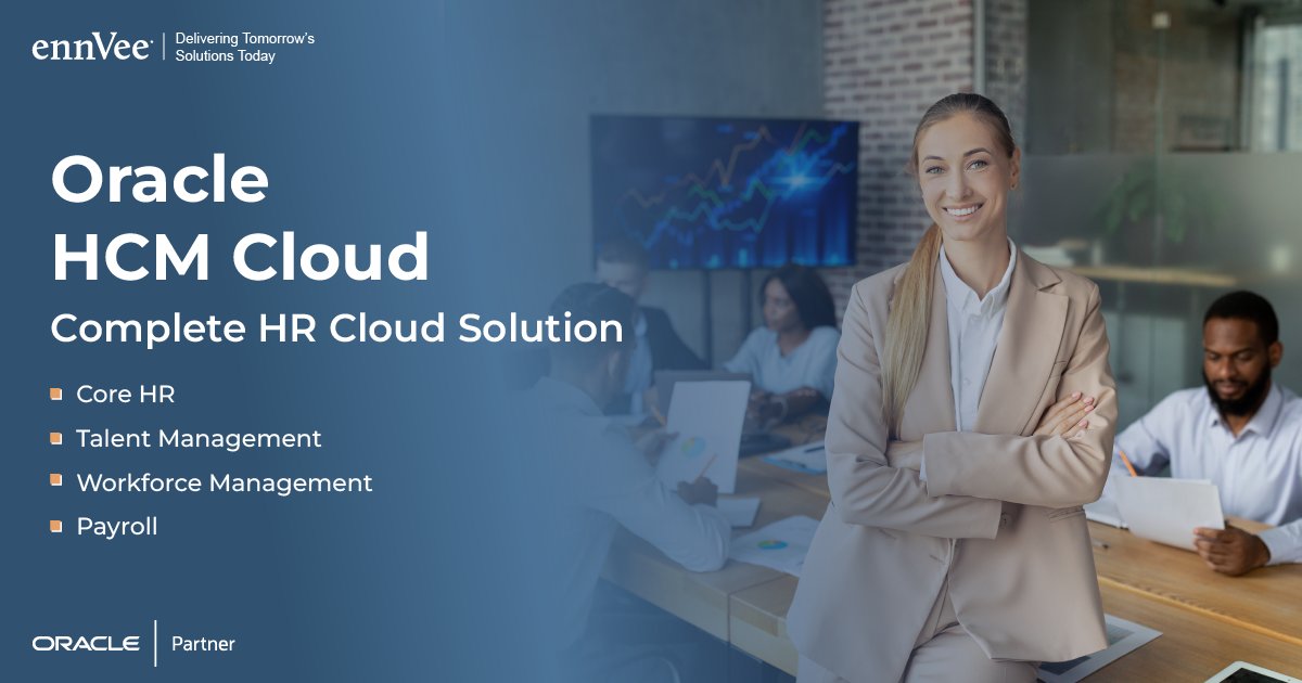 ennVeeIndia's tweet image. Fusion Cloud HCM, a most comprehensive Enterprise grade SaaS solution for Human Capital operations of an organization.

bit.ly/3P6XwxC
#hcmcloud #hcmimplementation #oracle #oraclehcm #solutionsprovider #managedservicesprovider #oraclehcmcloud