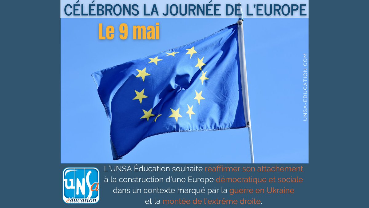 UNSA_Education's tweet photo. Le 9 mai 2022, l’UNSA Éducation vous invite à fêter la #JournéeDeLEurope, alors que l'invasion de l'#Ukraine par la #Russie et les tensions géopolitiques croissantes représentent un nouveau défi pour l'Union Européenne ➡️ https://t.co/ou8FrHgiV8
#EuropeDay https://t.co/9haVGmcU9u