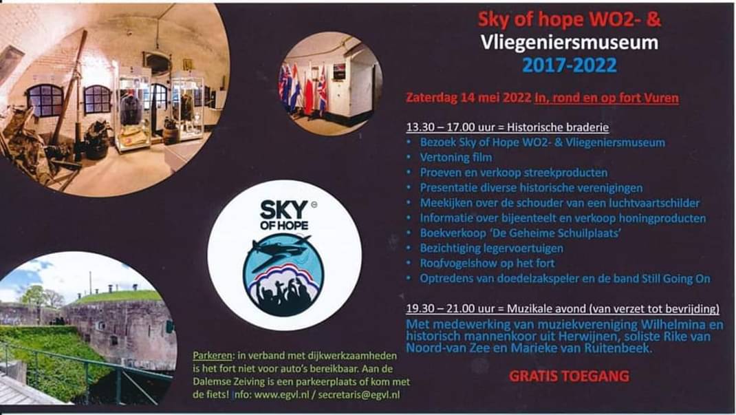 Zaterdag viert het Vliegeniersmuseum in Vuren FEEST!

Mooi programma (minibraderie, live muziek, roofvogelshow, film, legervoertuigen, terras, ik signeer mijn boek etc). 

Ook leuk voor kinderen. Wie weet zie ik je daar 😁.