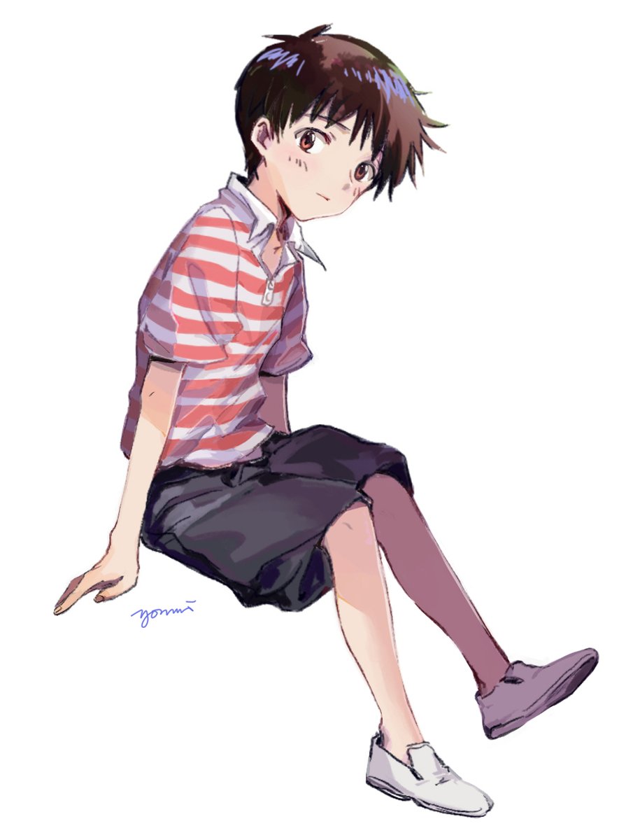 ikari shinji 1boy male focus shirt solo shorts brown eyes striped shirt  illustration images