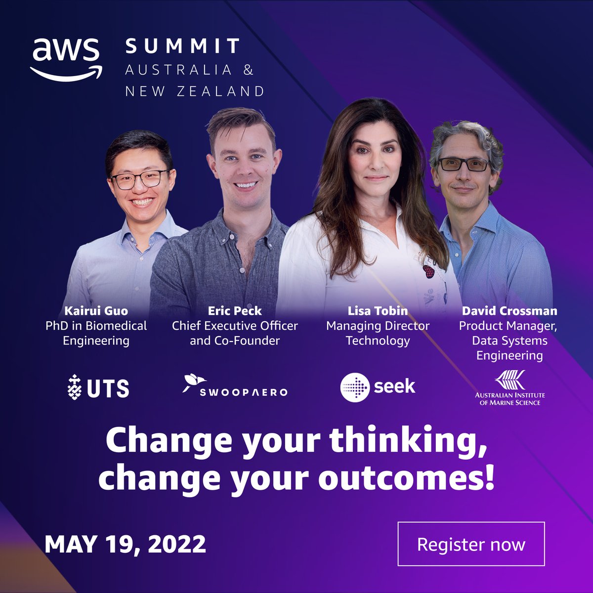 AWSCloudANZ's tweet photo. #AWSSummit Keynote speakers for 19 May
Kairui Guo, PhD in Biomedical Engineering, @UTSEngage
Eric Peck, Chief Executive Officer and Co-Founder, @Swoop_aero
Lisa Tobin, Managing Director Technology, @seekjobs
David Crossman, Product Manager - Data Systems Engineering, @aims_gov_au https://t.co/V8ByRtUoMm