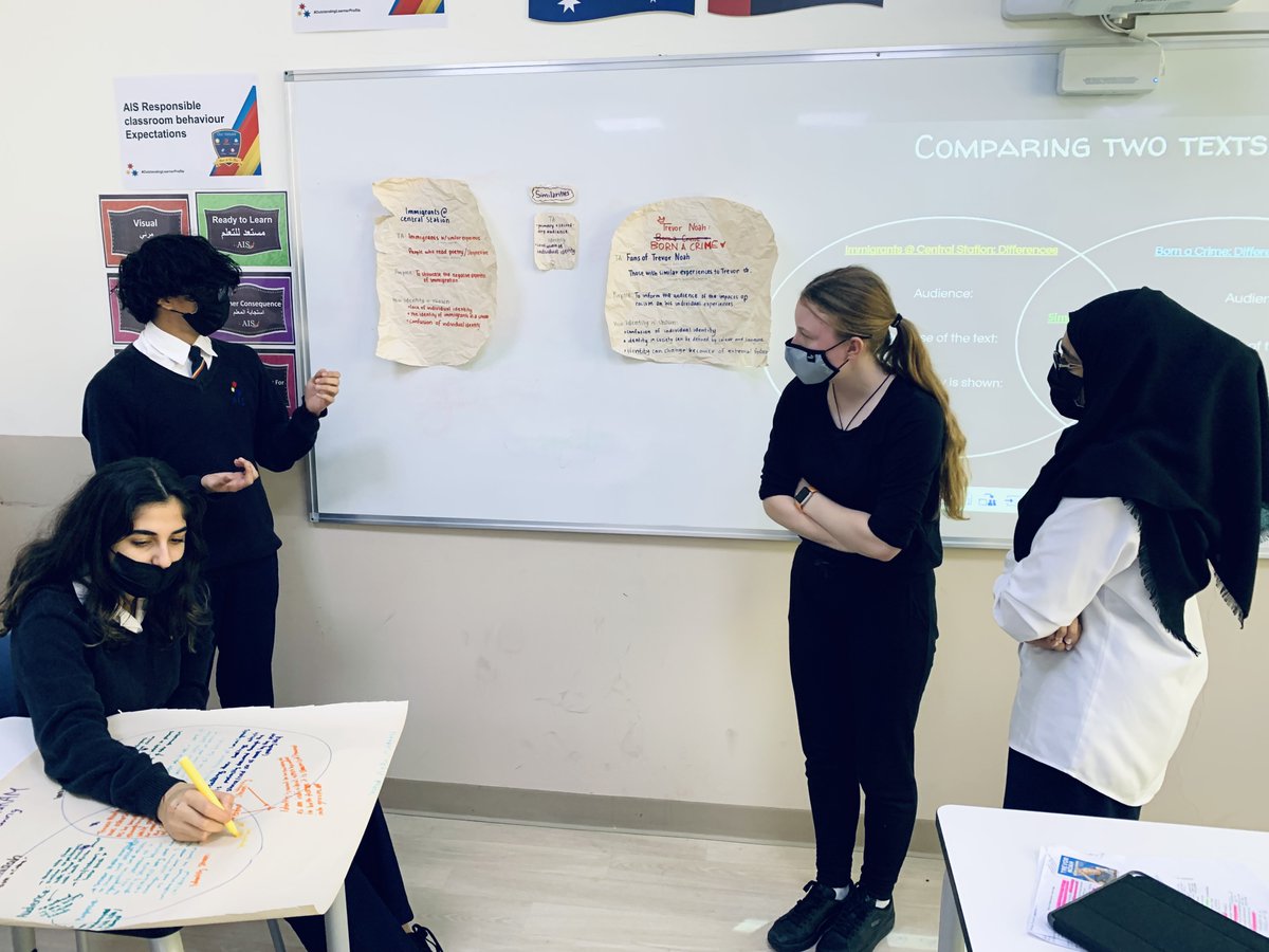 AIS_English's tweet photo. The Year 10 Advanced English students engaging in constructivist style learning as they analyse how ‘Identity’ is portrayed in texts. Team work! #AISSrSecondary #AISEnglish https://t.co/njY5rSCRce