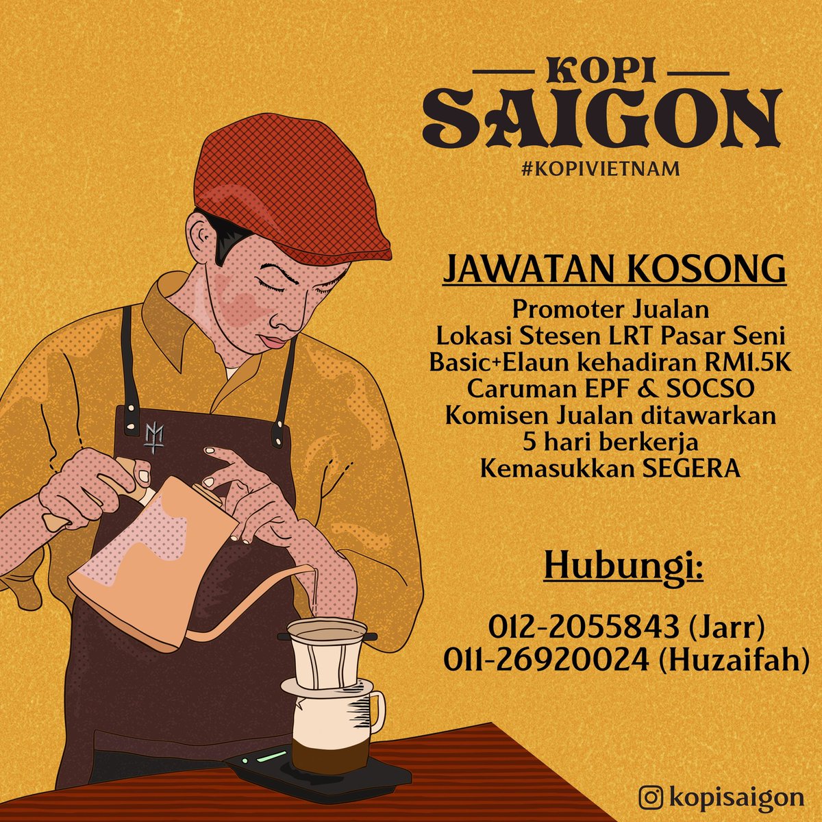 [JAWATAN KOSONG]
Promoter Jualan
1.5k/sebulan 
Ada Sales Commission 
Lokasi Stesen LRT Pasar Seni

Boleh DM sini atau <a href="/JarrNadjmuddean/">Jarr #RakyatJagaRakyat</a>