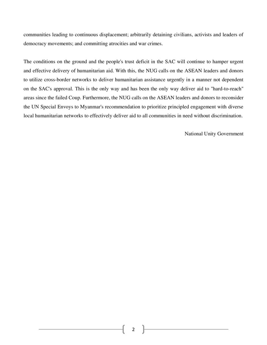 Very clear, highly damning statement by <a href="/NUGMyanmar/">National Unity Government Myanmar</a>  that condemns @PeacePalaceKH for the exclusion of NUG from humanitarian talks &amp; arrangements, &amp; for siding with #Myanmar junta. Yet another indication that <a href="/ASEAN/">ASEAN</a>'s 5PC is a shredded piece of paper on the floor. <a href="/WhiteHouse/">The White House</a>