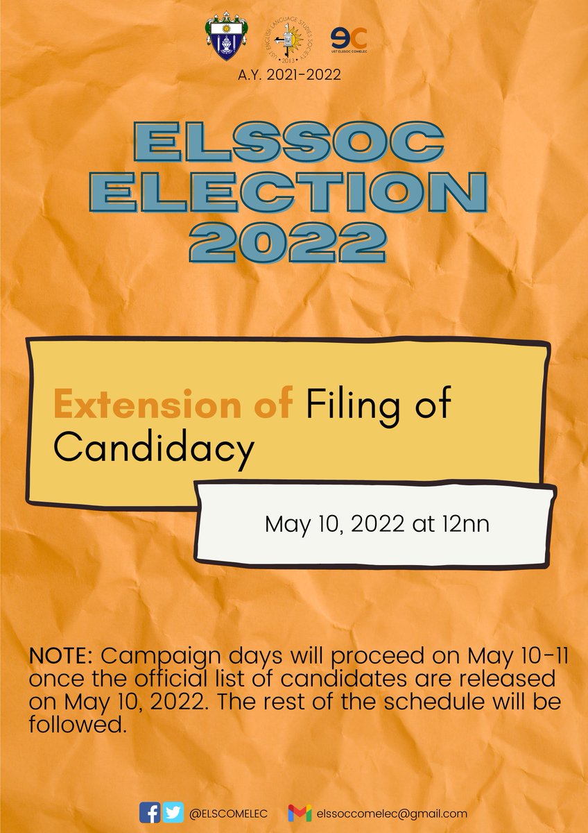 ELSCOMELEC's tweet photo. RE: Extension of Filing of Candidacy 

Good day, ELSSOC!

The Electoral Committee has decided to extend the filing of candidacy to open more rooms for aspiring student leaders for the next academic year 2022-2023. https://t.co/oF8l80Stjz