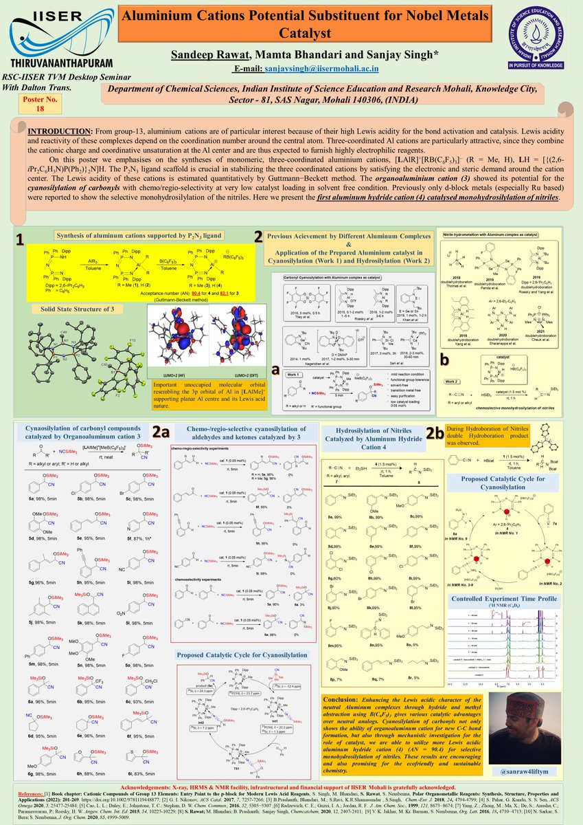 P18 @rsciiser 
#dalton2022poster  #DTcatalysis #maingroupcatalysis
#AluminumCation #cyanosilylation #nitrilereduction #monhydrosilylation #maingroupchemistry