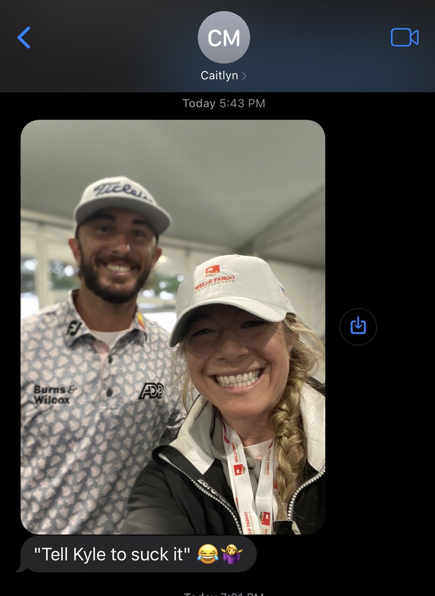 Imagine checking the @PGATOUR leaderboard and being pumped for a “buddy” that won and then getting this text. Appreciate you @Cmoyer for letting me know how @maxhoma23 really is. Team @Joel_Dahmen for life now! 😂