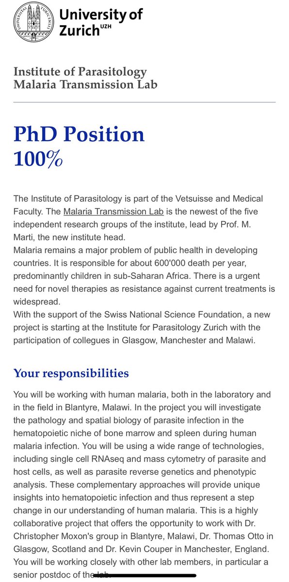 Opportunity alert for those interested in working on malaria research. Are you interested in working in a collaborative environment between Switzerland, UK and Malawi? The Marti lab has two open PhD positions - check it out!

Deadline: 15 July 2022

Link: jobs.uzh.ch/offene-stellen…