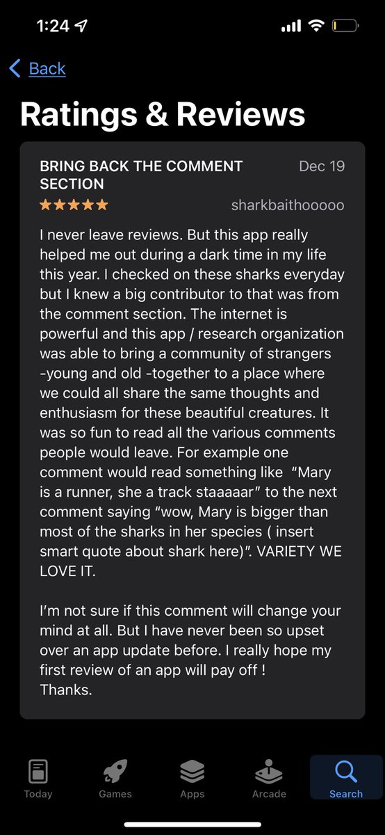 I really hope they bring back comments on the shark tracker app for this reviewer