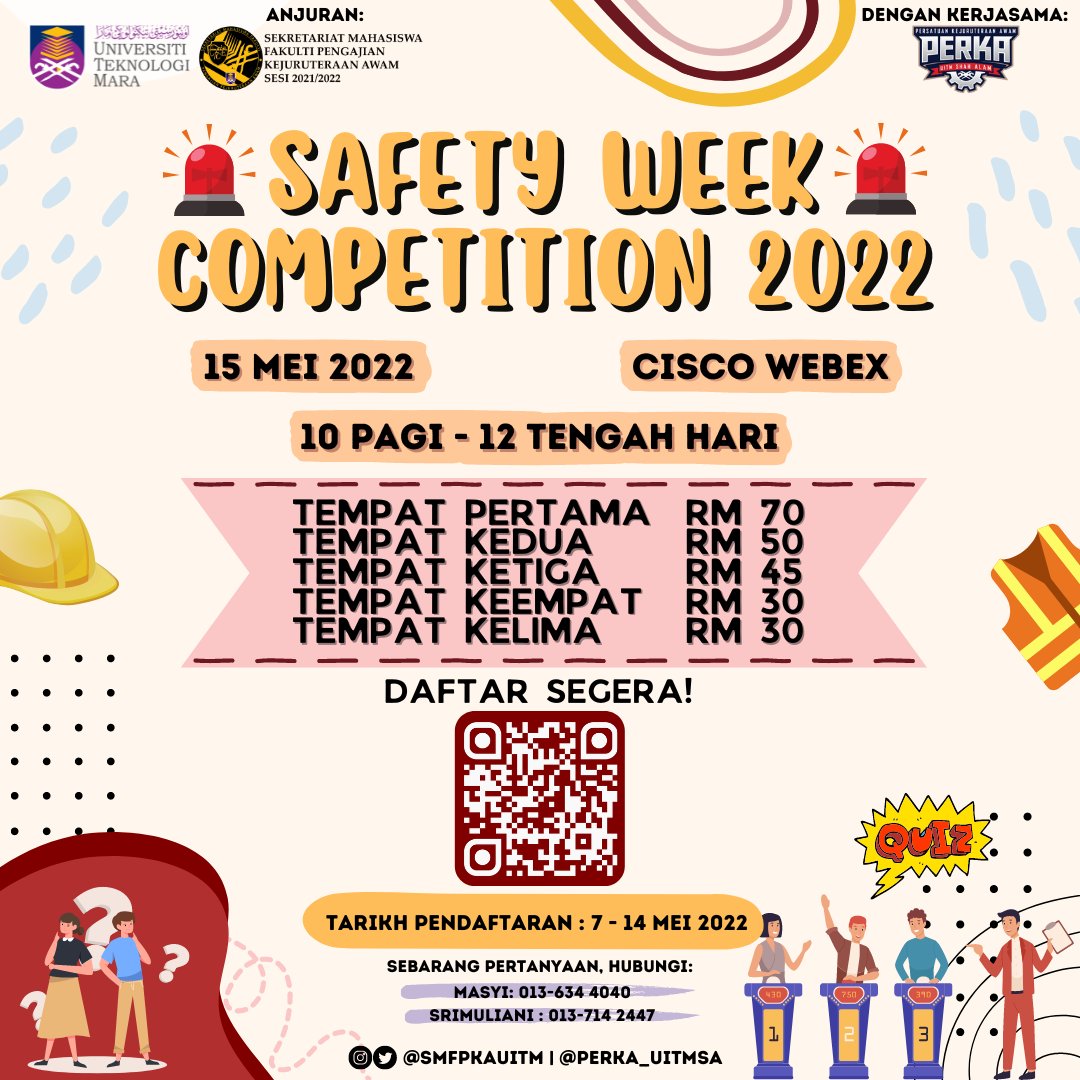 SMFPKAUiTM's tweet photo. ⛑ SAFETY WEEK COMPETITION 2022⛑

Anjuran:
Sekretariat Mahasiswa Fakulti Pengajian Kejuruteraan Awam (SMFPKA)

Dengan kerjasama:
Persatuan Kejuruteraan Awam (PERKA) https://t.co/B589PEGZtQ