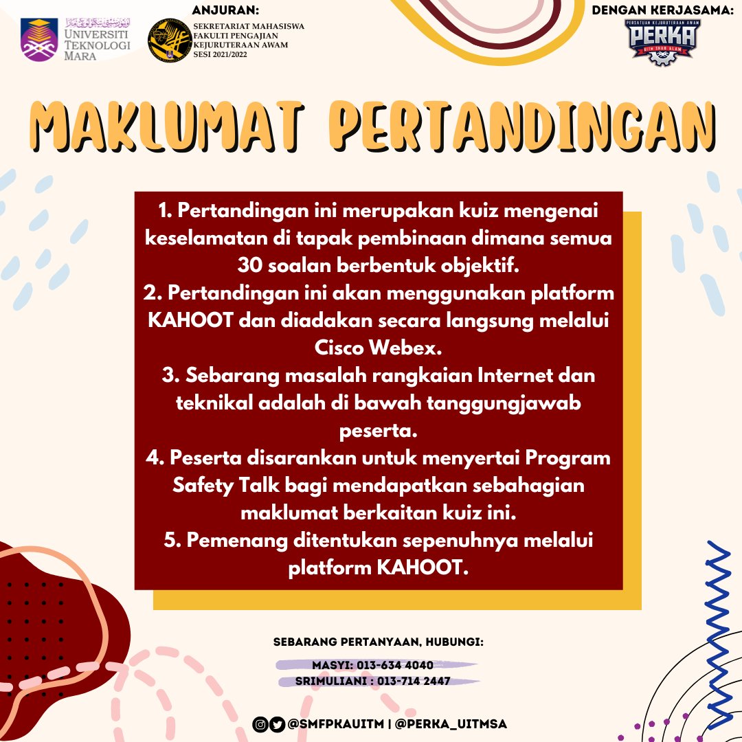 SMFPKAUiTM's tweet photo. ⛑ SAFETY WEEK COMPETITION 2022⛑

Anjuran:
Sekretariat Mahasiswa Fakulti Pengajian Kejuruteraan Awam (SMFPKA)

Dengan kerjasama:
Persatuan Kejuruteraan Awam (PERKA) https://t.co/B589PEGZtQ