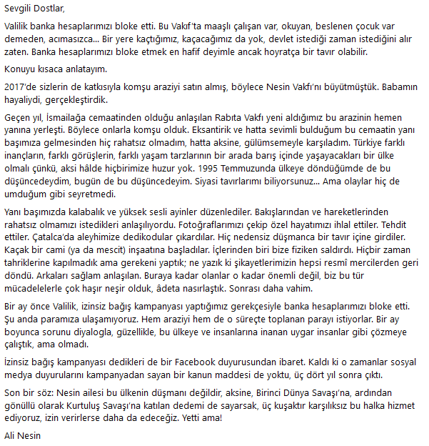 'Valilik banka hesaplarımızı bloke etti. Bu Vakıf’ta maaşlı çalışan var, okuyan, beslenen çocuk var demeden, acımasızca…' #nesinvakfi #YettiAma