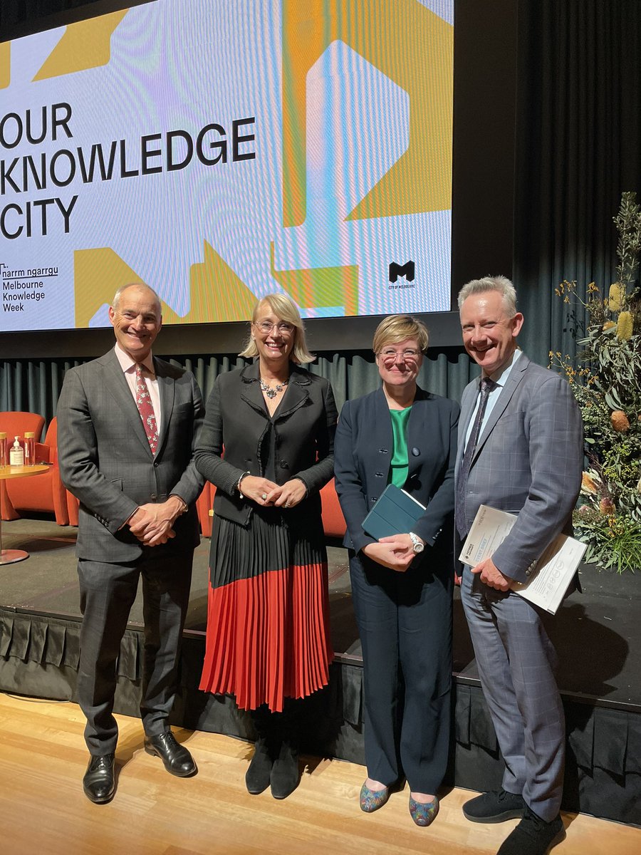 AdamShoemakerVC's tweet photo. Great #MelbourneKnowledgeWeek session tonight at @Library_Vic hosted by the @LordMayorMelb. Pictured together with @RMIT VC, Alec Cameron and the @UniMelb's Provost, Nicola Phillips. From discovery to scientia to the power of design—Melbourne: Australia’s Knowledge Capital! https://t.co/g047nTy5gz