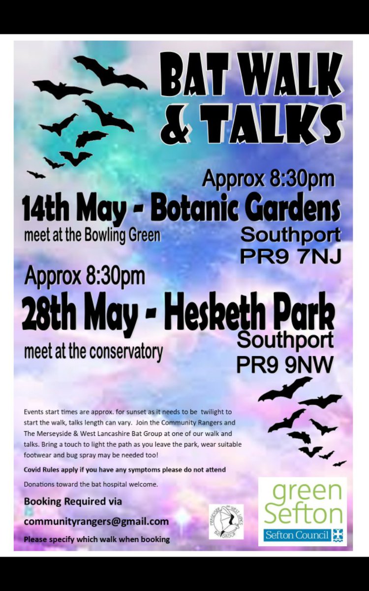 Two forthcoming bat walks in Southport. Please book via communityrangers@gmail.com all details in the poster attached.