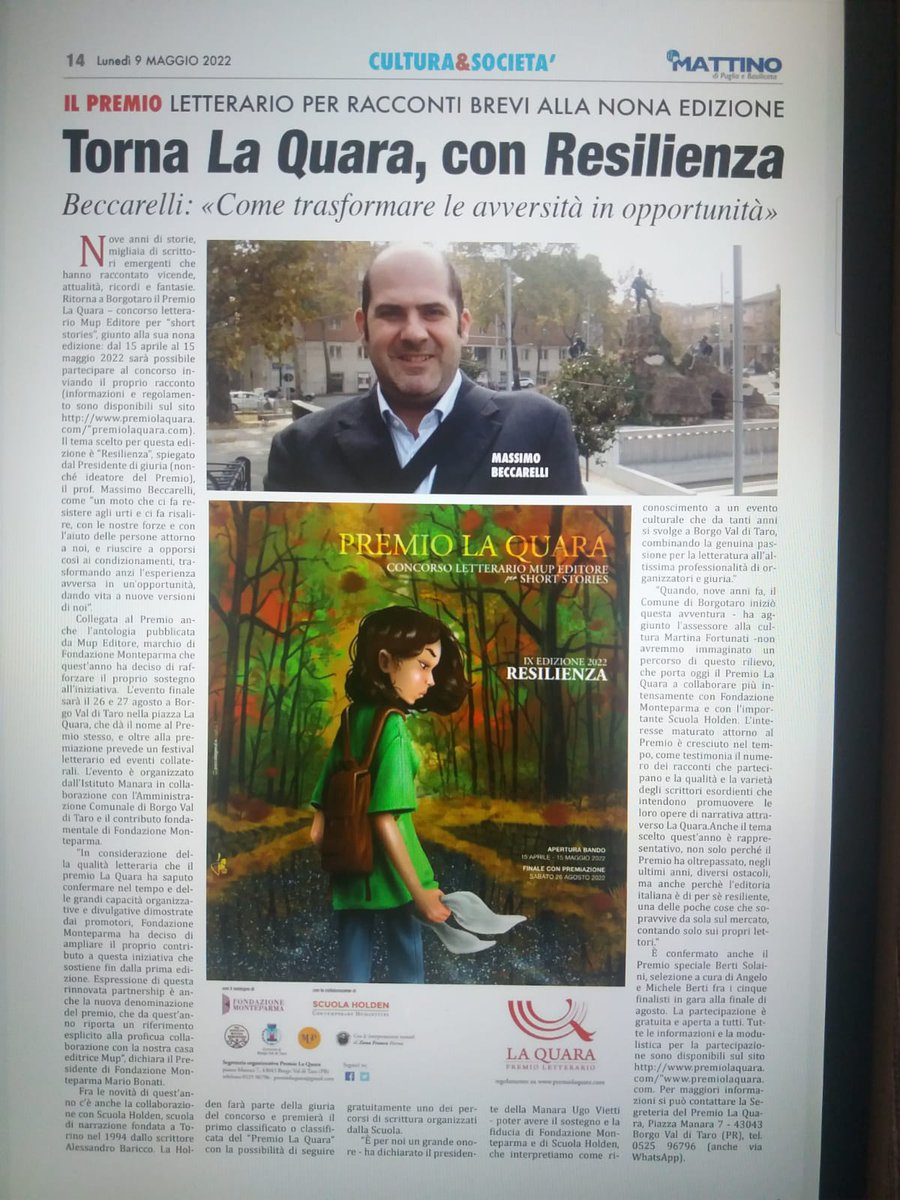 gabriele_eva's tweet photo. 📢👉Mancano pochi giorni 🚴‍♀️🚴‍♂️🚴per partecipare al concorso letterario La Quara per #shortstories . 
Oggi se ne parla anche su un bellissimo articolo de 
@IlMattinoFoggia @mbeccarelli #concorsiletterari #romanzo #scriverechepassione @TwittaLibro 🚴🚴‍♂️ https://t.co/qJxpGQeyss