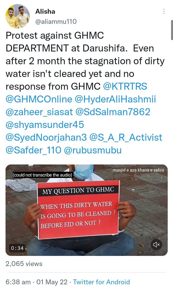 Alamdarammu's tweet photo. @syedalijaffry @aimim_national @GHMCOnline @RiyazEffendi @MemberAIMIM @asadowaisi @arvindkumar_ias Syed ali jaffery sahab the issue was continuously raised by @aliammu110 since many days , he also staged a protest and represented a memorandum to zonal Commissioner.

We are happy that it is attended by corporator &amp; MLC sir but one should also give credit to the rightful person. https://t.co/MBNQ6ykMLh