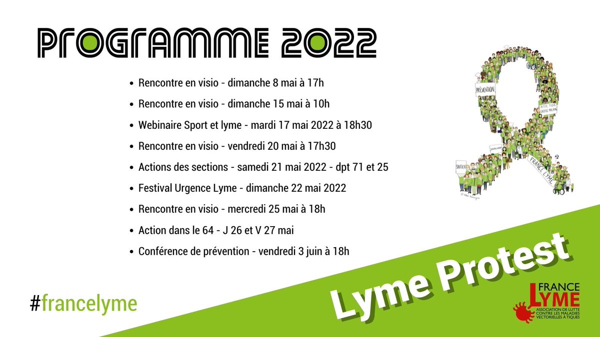 francelyme's tweet photo. Nos rendez-vous approchent !
Partagez le programme, svp 🙂
Plus d'informations sur le programme : https://t.co/FgXDSSocVh
#lymeprotest #worldwidelymeprotest #WWLP
#greenmay #maienvert
#lyme #france #maladiedelyme #maladiesatique
#notjustlyme #lymedisease
#santepublique #tique https://t.co/IDv1ABy0zJ