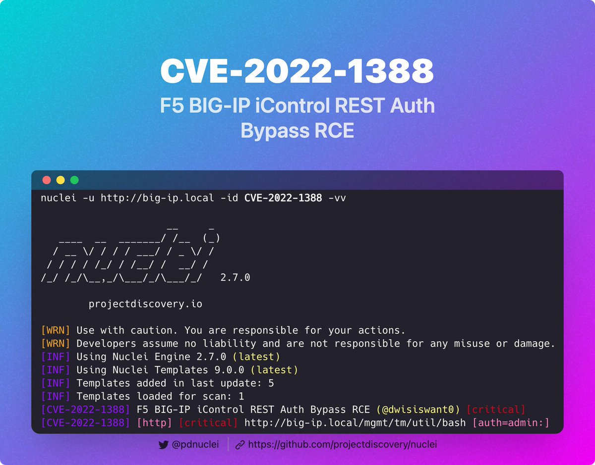 Scan for F5 BIG-IP iControl REST Auth Bypass RCE (CVE-2022-1388) using nuclei template shared by <a href="/dwisiswant0/">dw1</a> 

Template PR: github.com/projectdiscove…

Advisory: support.f5.com/csp/article/K2…

#hackwithautomation #security #bugbounty #appsec