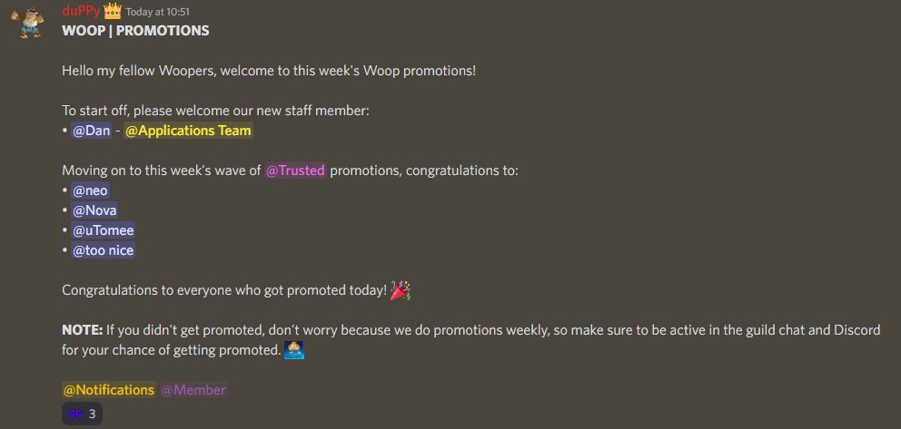 WoopGuild's tweet photo. We're back with some more promotions! 🎉

Congratulations to neologist, qNova, uTomee and claire on getting Trusted! 🥳

Also, welcome OkaySo to the applications team! https://t.co/1O2NK0z7en