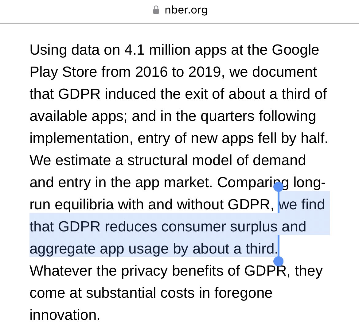 AlecStapp's tweet photo. New research paper on the huge costs of GDPR

But on the positive side, at least we get to opt-in/opt-out of cookie tracking a hundred times every day… 🙃 https://t.co/fuPOLs5pbI