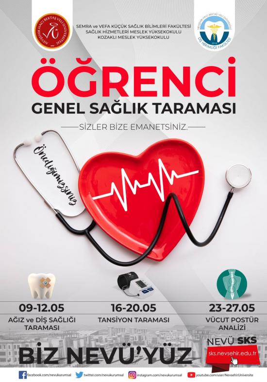 #NEVÜ Diş Hekimliği Fakültesi, Semra ve Vefa Küçük Sağlık Bilimleri Fakültesi, Sağlık Hizmetleri MYO ve Kozaklı MYO tarafından öğrencilerimize yönelik Merkez kampüste ücretsiz ‘Genel Sağlık Taraması’ hizmeti sunulacaktır. Ayrıntılı bilgi için👉nevsehir.edu.tr/tr/33520