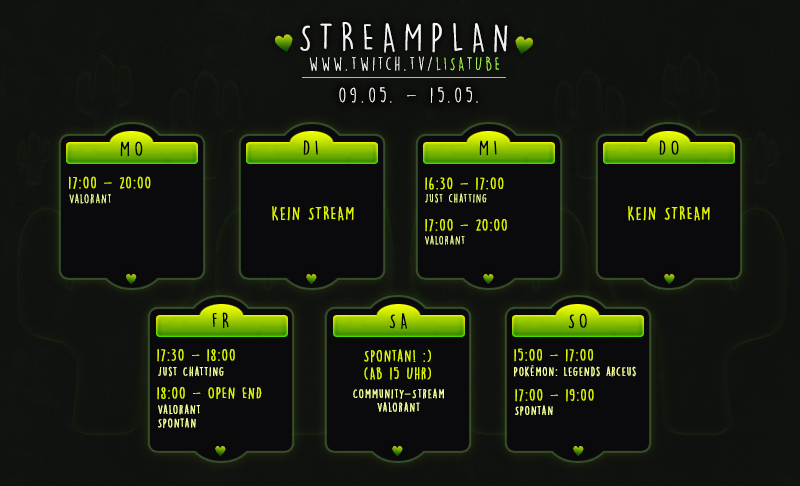 LisaTube_'s tweet photo. Streamplan für diese Woche!🌵

Heute wird spontan gestreamt, weil mein Heuschnupfen ziemlich stark ist und mir das Atmen sehr erschwert.
Samstag gibt es nach längerer Zeit endlich wieder einen Community-Stream mit euch!

See ya hopefully später💚

https://t.co/xaTe0iX9B6 https://t.co/SW9CYEslWd