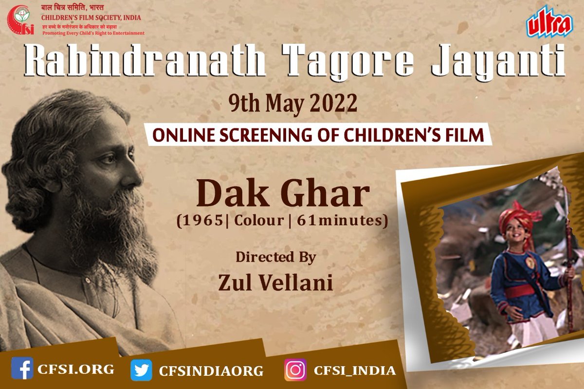 CFSINDIAORG's tweet photo. Remembering #RabindranathTagore on his Birth Anniversary,  #CFSI screened #childrenfilm ‘DAK GHAR’ based on a play by Rabindranath Tagore ji.

@MIB_India @ianuragthakur @Anurag_Office @office_murugan @MinistryWCD https://t.co/nOMFOMGWbI