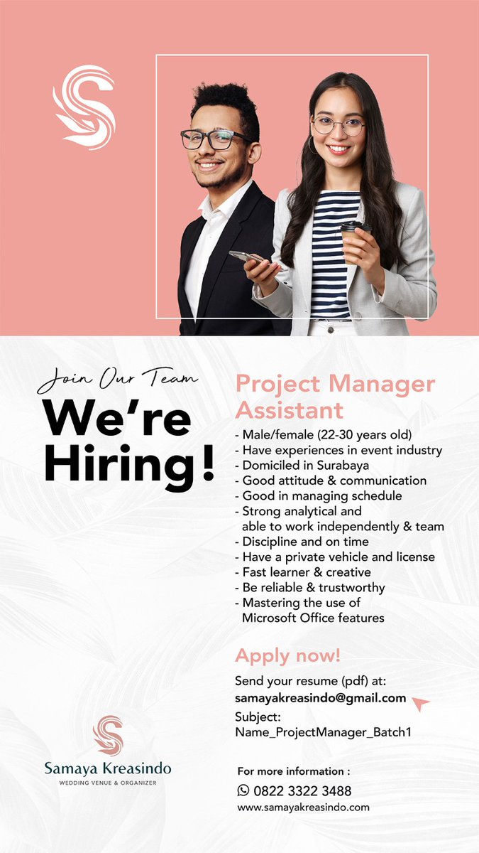 irawanardy's tweet photo. Urgently need for Official Crew - Wedding Organizer. (Surabaya only)

Send your CV to:
samayakreasindo@gmail.com

email subject: Your Name_Position_Batch1

cc: #lokercot @hrdbacot #lokersurabaya
#LokerMase @mas_recruiter 

More info : 082233223488 (Whatsapp) https://t.co/76ZV5nBuPX