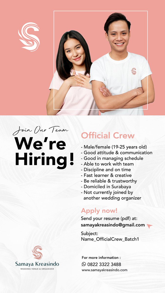 irawanardy's tweet photo. Urgently need for Official Crew - Wedding Organizer. (Surabaya only)

Send your CV to:
samayakreasindo@gmail.com

email subject: Your Name_Position_Batch1

cc: #lokercot @hrdbacot #lokersurabaya
#LokerMase @mas_recruiter 

More info : 082233223488 (Whatsapp) https://t.co/76ZV5nBuPX