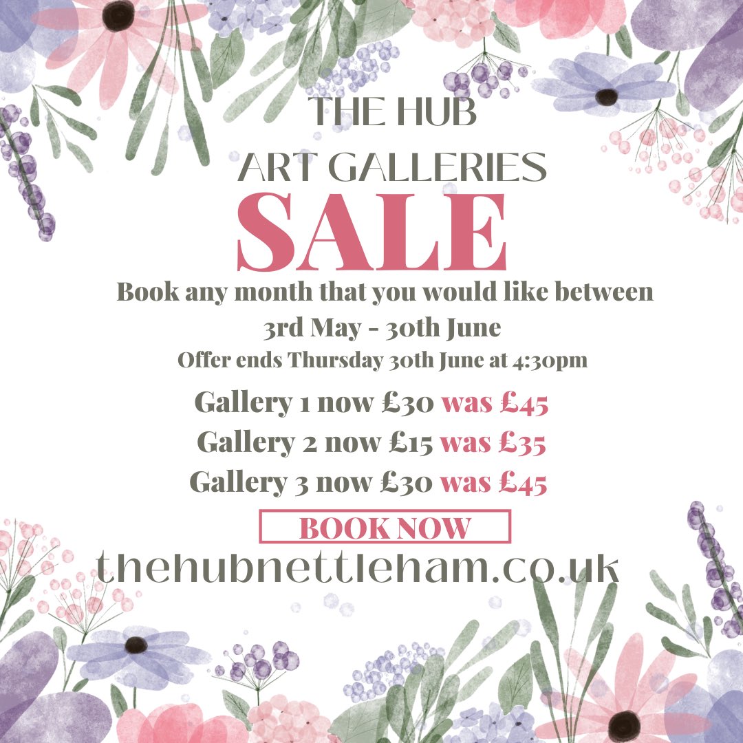 THEHUBNettleham's tweet photo. Did you know that we have a massive sale on our art gallery hire? 
Our discounted prices shall be available from 3rd May - 30th June.
You can book any month that you like during this time, but hurry as our galleries are very popular. 
Offer ends Thursday 20th June at 4:30pm https://t.co/aP3N6kXqDc
