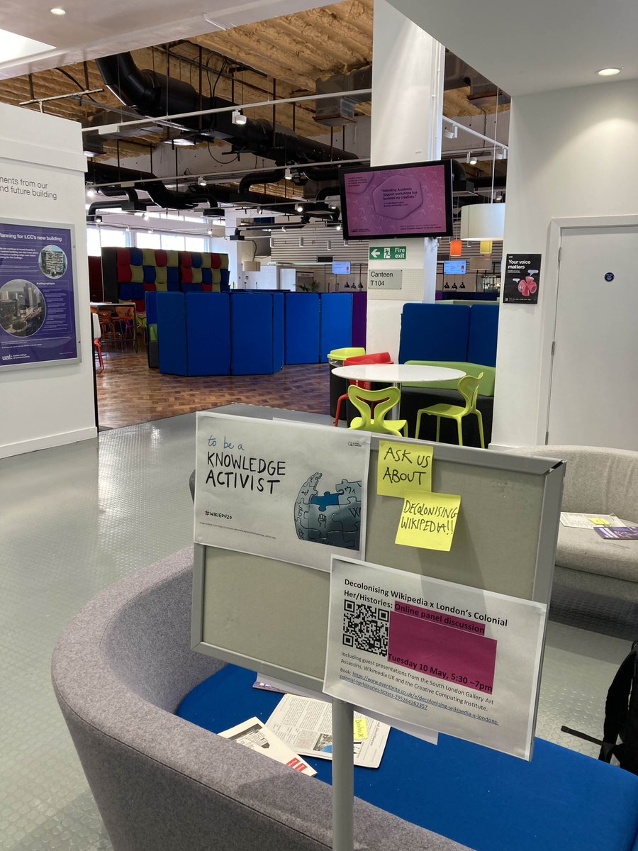 LpanesarLucy's tweet photo. Decolonising Wikipedia drop-in @LCC_Library @LCCLondon with @thebookstamper - come by and see us! https://t.co/d8QIljPKkj
