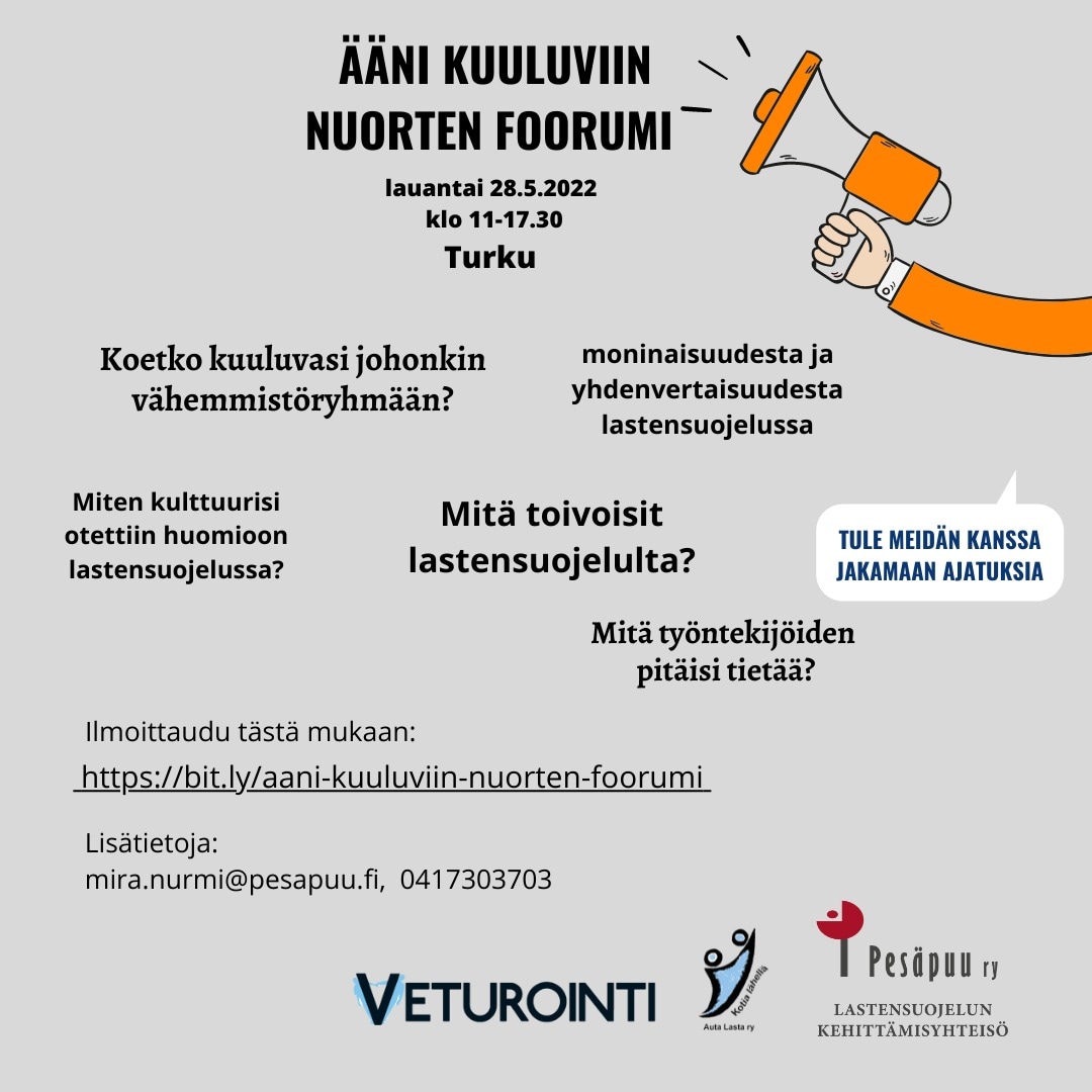 Nuori! Onko sinulla kokemuksia vähemmistöön kuulumisesta ja sijaishuollossa asumisesta? 
Tutustu ja ilmoittaudu 👉 pesapuu.fi/tapahtum…/aani-kuuluviin-nuorten-foorumi/
<a href="/PesapuuRy/">Pesäpuu ry</a>